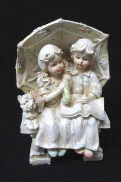 Vintage Ceramic Pottery ~Boy and Girl Reading Bench Umbrella Scottie Dog Large