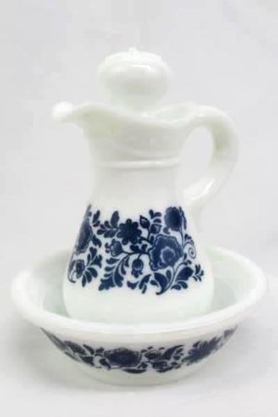 Vintage Avon Basin & Pitcher Set Milk Glass Miniature Wash Blue Flowers 5oz.