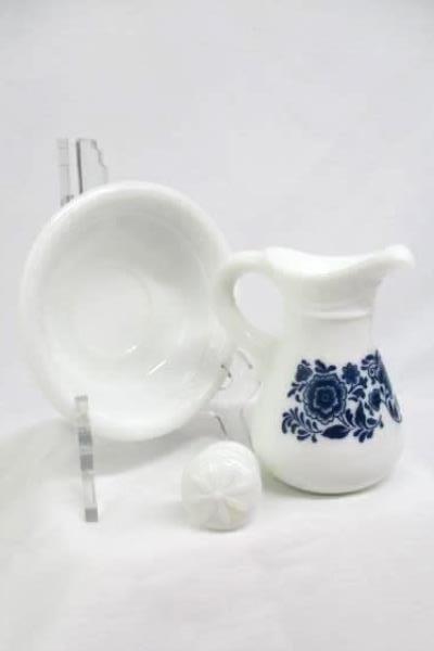 Vintage Avon Basin & Pitcher Set Milk Glass Miniature Wash Blue Flowers 5oz.
