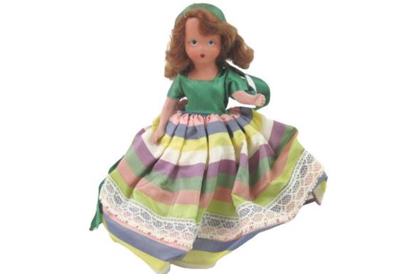 Vintage Nancy Ann Doll Multi Color Striped Skirt Green Bodice Dress