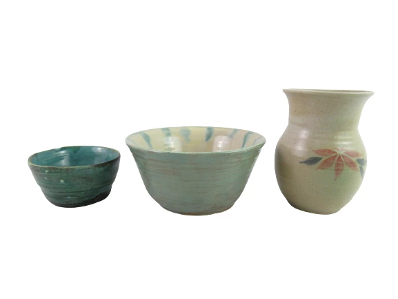 Lot of 3 Handmade Pottery Items Bowls And A Vase Turquoise Beige Small
