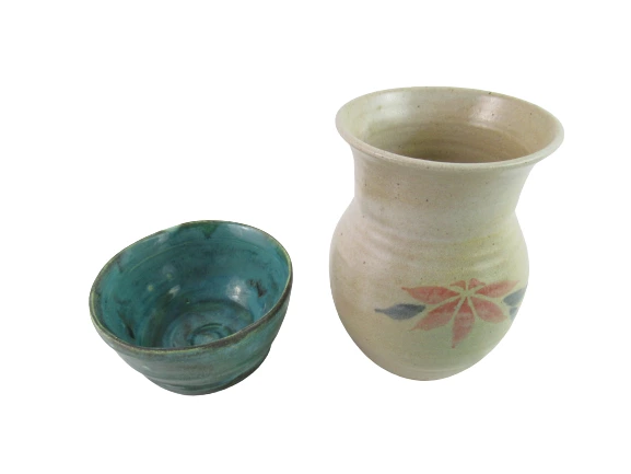 Lot of 3 Handmade Pottery Items Bowls And A Vase Turquoise Beige Small