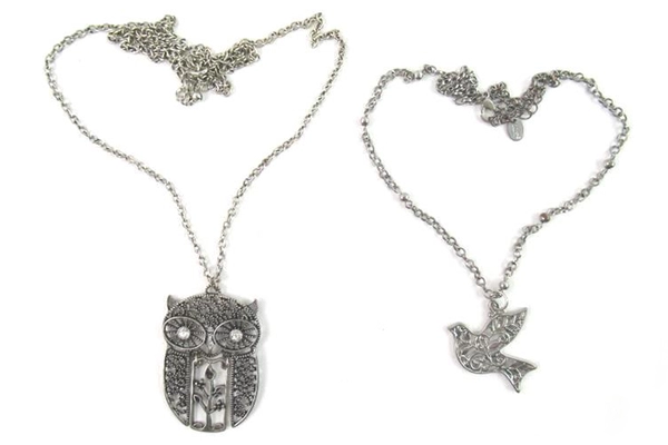 Lot of 2 Silver Tone Bird Pendant Necklaces Owl Dove Metal Chain Claire's