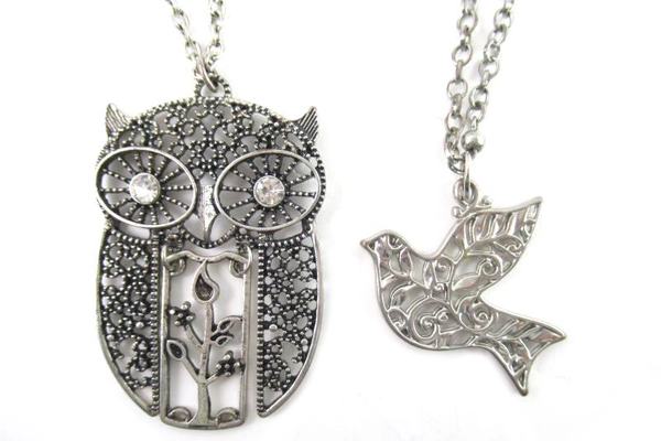 Lot of 2 Silver Tone Bird Pendant Necklaces Owl Dove Metal Chain Claire's