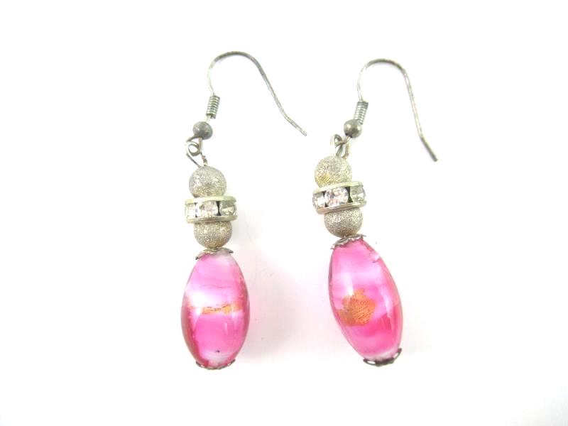 Two Pair Hand Made Glass Bead And Pewter Dangle Earrings Pink Blue Pierced Ear