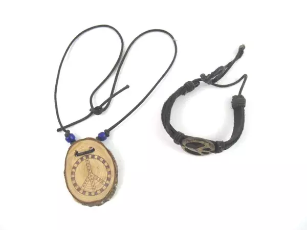 Wood and Cord Peace Symbol Necklace And Bracelet