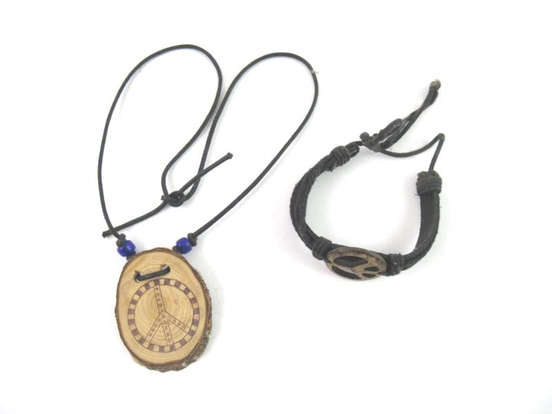 Wood and Cord Peace Symbol Necklace And Bracelet