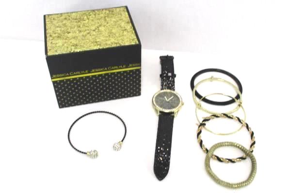 Ladies Watch Stack Bracelet Set Jessica Carlyle Gold Tone Rhinestones Sequins