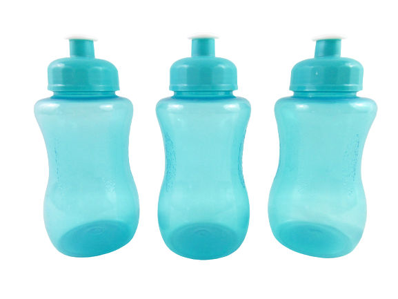 Lot of 3 Teal Green Plastic Water Bottles Spout Lid Hourglass Shape Grips Twist
