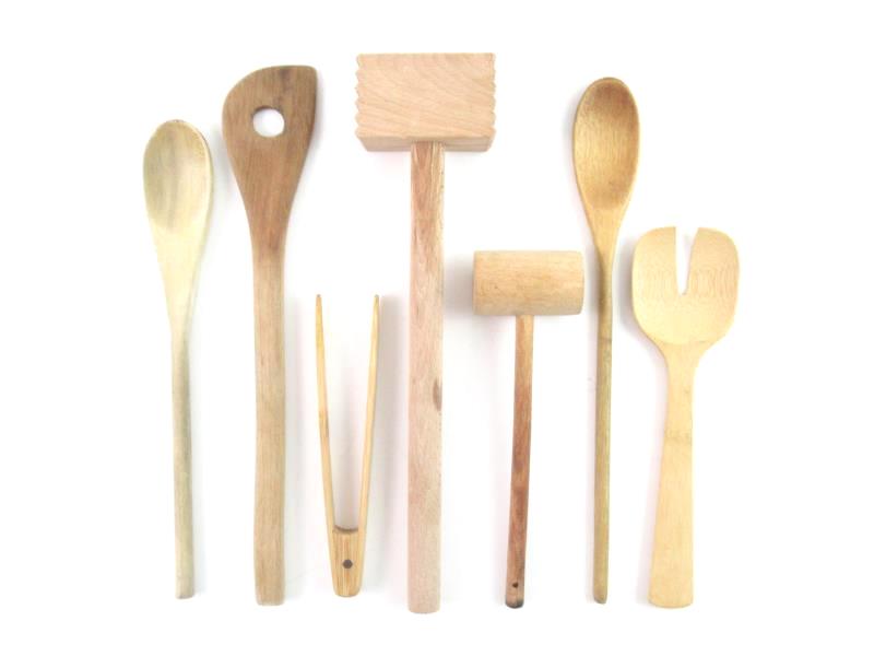 Lot of 7 Wood Kitchen Utensils Spoons Tenderizer Fork Tongs Bamboo Organic