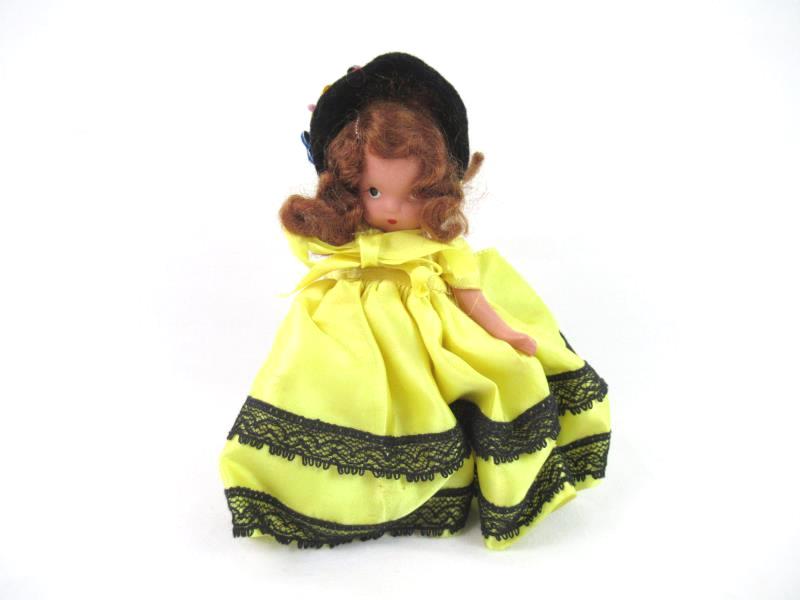 Vintage Nancy Ann Doll Yellow Dress Black Lace Trim Matching Bonnet