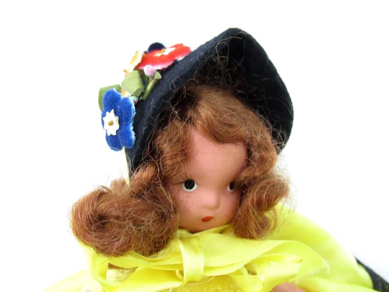 Vintage Nancy Ann Doll Yellow Dress Black Lace Trim Matching Bonnet
