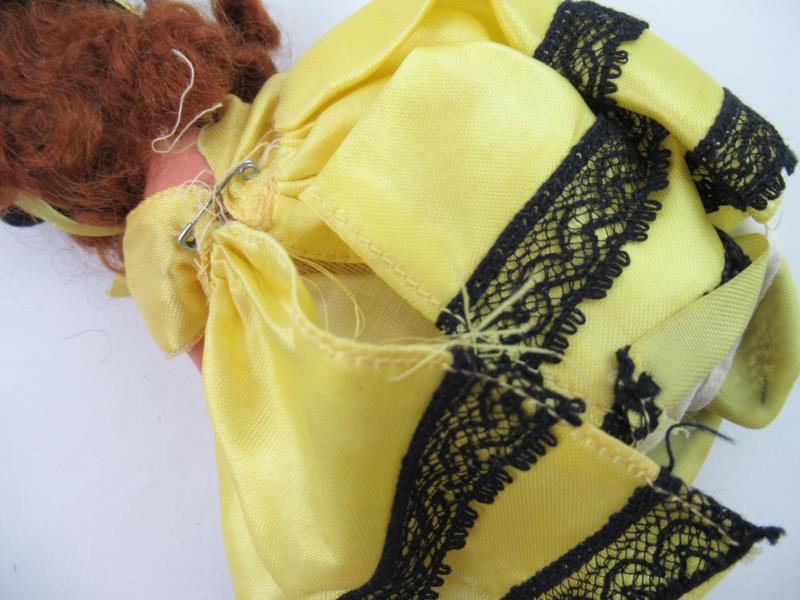 Vintage Nancy Ann Doll Yellow Dress Black Lace Trim Matching Bonnet