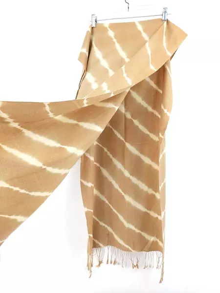 Echo Pashmina Cashmere Silk Blend Wrap Scarf Tan Tie Die with Fringe 22 x 83 in