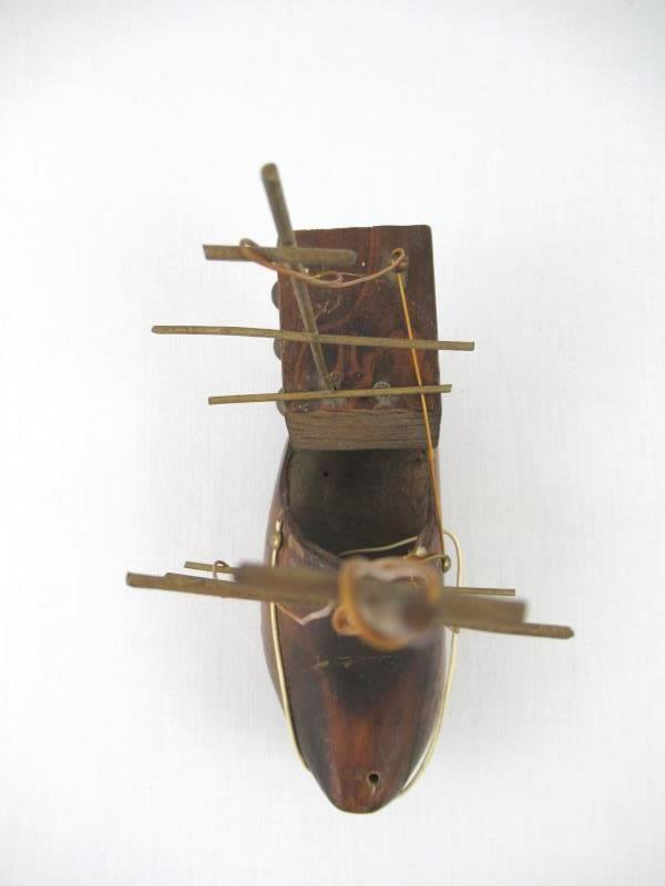 Vintage Shoe Boat Wooden Brown Two-Toned Handmade Brass Masts Collectible