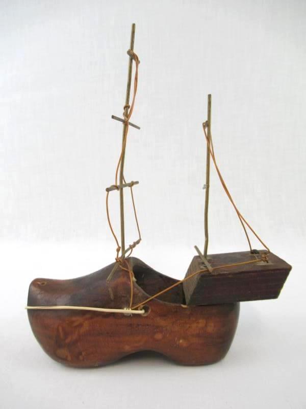 Vintage Shoe Boat Wooden Brown Two-Toned Handmade Brass Masts Collectible