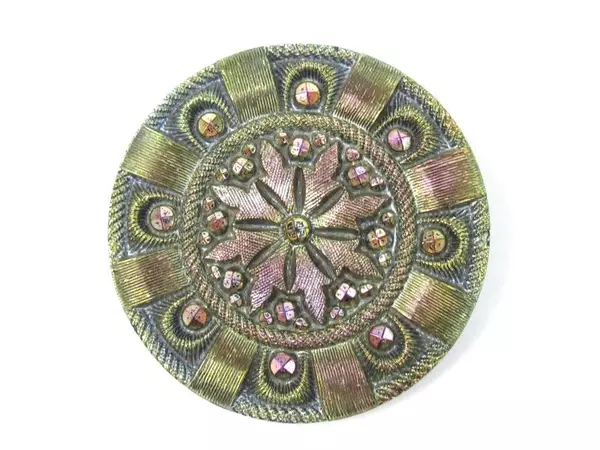 Antique Metal Button Bejeweled Lavender Tint Flower with Dots on Border 1.5 Inch