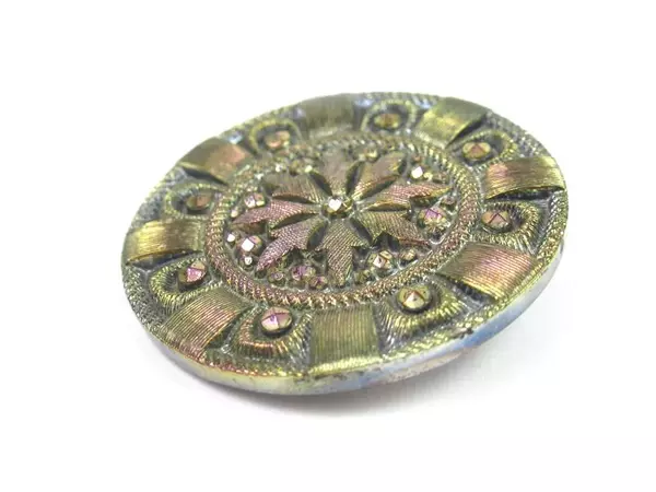 Antique Metal Button Bejeweled Lavender Tint Flower with Dots on Border 1.5 Inch