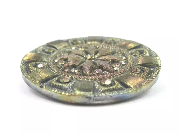 Antique Metal Button Bejeweled Lavender Tint Flower with Dots on Border 1.5 Inch