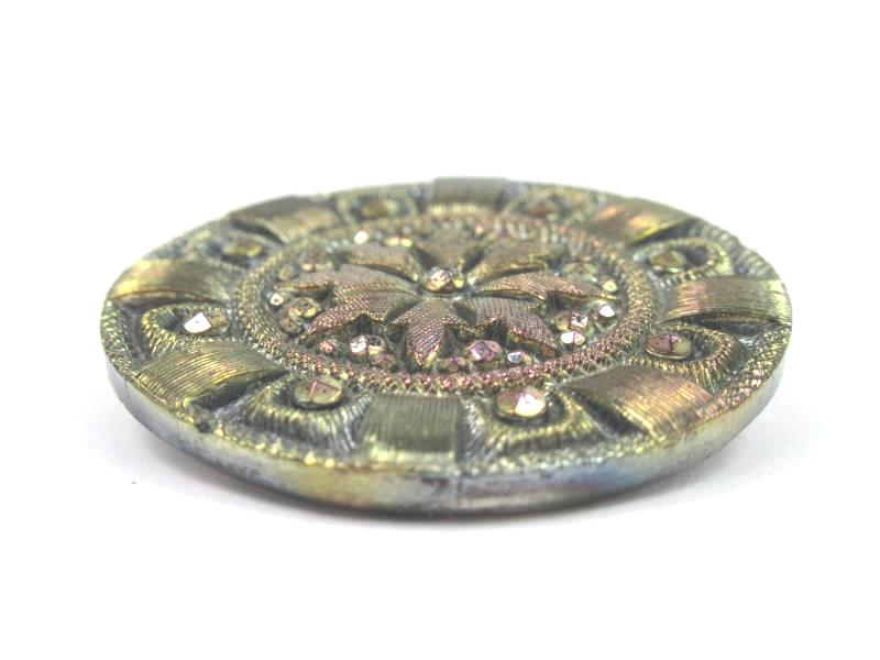 Antique Metal Button Bejeweled Lavender Tint Flower with Dots on Border 1.5 Inch