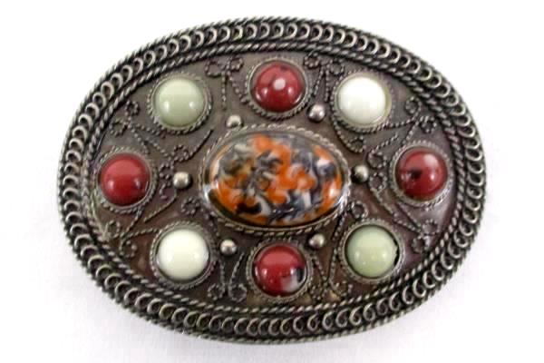 Oval 9 Multicolored Stone Western Silver Tone Metal Belt Buckle