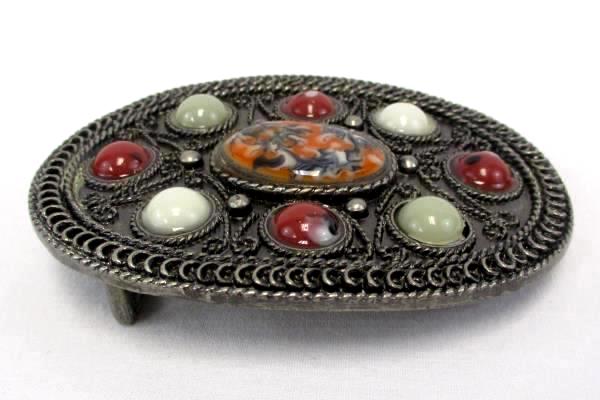 Oval 9 Multicolored Stone Western Silver Tone Metal Belt Buckle
