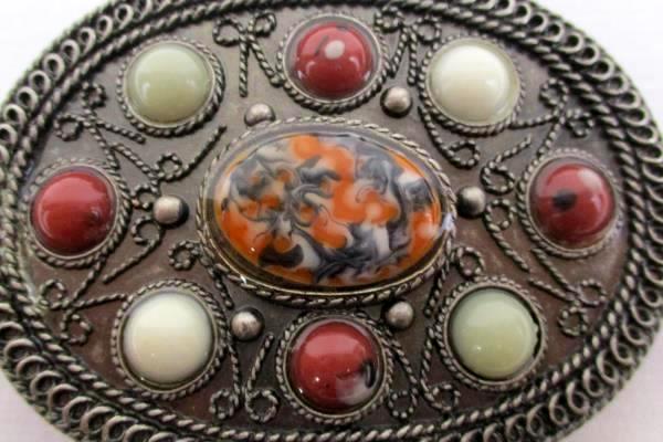 Oval 9 Multicolored Stone Western Silver Tone Metal Belt Buckle