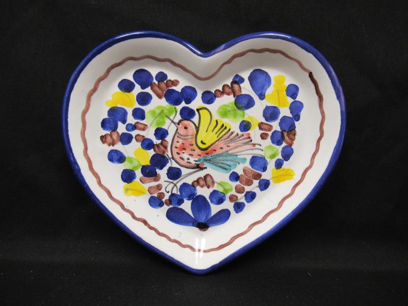 Larce Orvieto Hand Painted Ceramic Trinket Tray Heart Shaped Bird Pattern