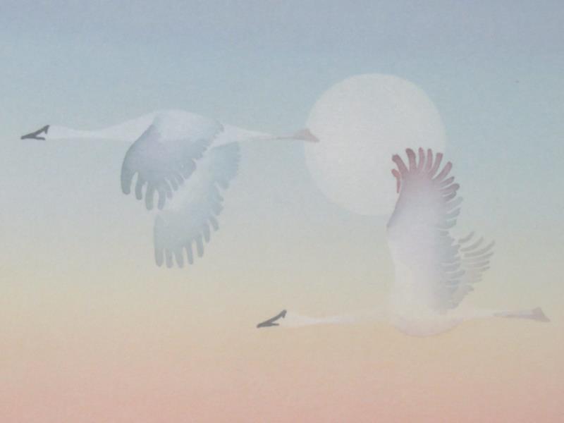 Marge Anderson Watercolor Swans In Flight Framed and Matted