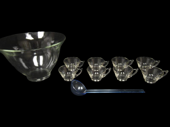 Heavy Glass Punch Bowl With 8 Punch Cups And Blue Tinted Plastic Ladle Handles