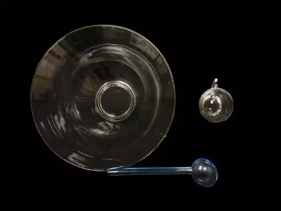 Heavy Glass Punch Bowl With 8 Punch Cups And Blue Tinted Plastic Ladle Handles
