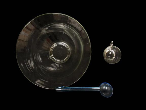 Heavy Glass Punch Bowl With 8 Punch Cups And Blue Tinted Plastic Ladle Handles