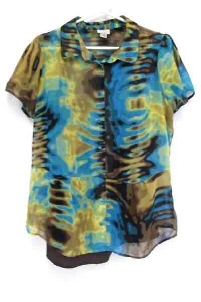Worthington Womens 1X Brown Teal Sheer Button Up Blouse Mosaic Tie Die Retro