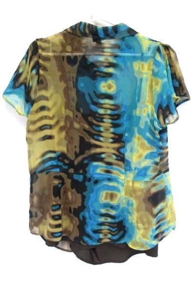 Worthington Womens 1X Brown Teal Sheer Button Up Blouse Mosaic Tie Die Retro