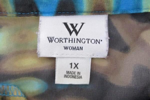 Worthington Womens 1X Brown Teal Sheer Button Up Blouse Mosaic Tie Die Retro