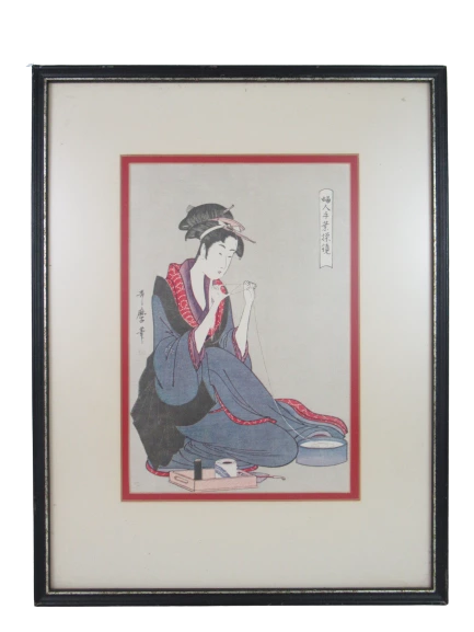 Framed And Matted People Geisha In Blue Robe Print 17.25" x 13.25"
