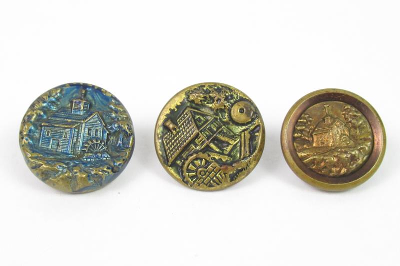 Lot of 3 Vintage Brass Shank Buttons Grist Mills