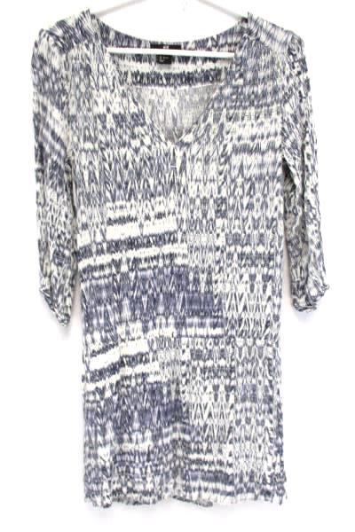 H&M Blue White Zig Zag 3/4 Sleeve Shirt Dress Tunic Top Elastic Waist Women's 2
