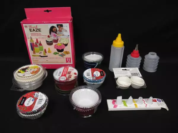 Lot of Baking Accessories Cupcake Pan Liners Cups Frosting Tips Bottle Wilton