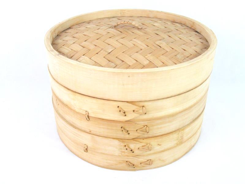 3 Piece Bamboo Steamer Set Cooking With Lid Rice Veggies Slotted Lid Stacking