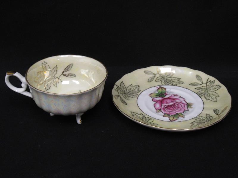 Vtg Royal Halsey Very Fine China and Cup Saucer Pearlescent White Yellow Rose