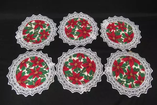 Set of 6 Vintage Poinsettia Doily Coasters Lace Trim Handmade Christmas Decor