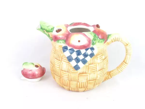Vintage Certified International Teapot Apple Basket Ceramic Medium Brown