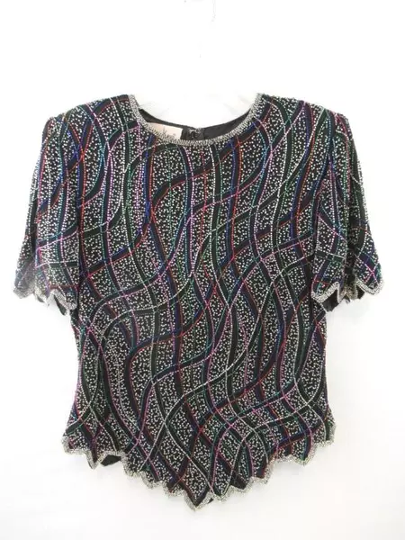 Vintage Laurence Kazar Top Blouse Shirt Black Beading Women's Size Medium