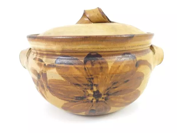 Brown Floral Pottery Tureen With Out Spoon Lid Twisted Handle Ceramic Tan Brown
