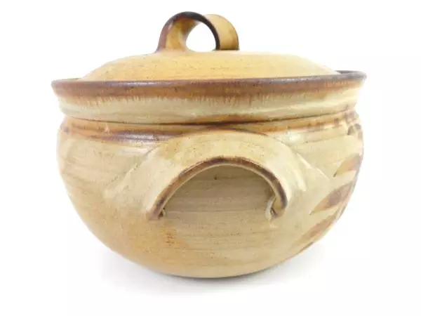 Brown Floral Pottery Tureen With Out Spoon Lid Twisted Handle Ceramic Tan Brown