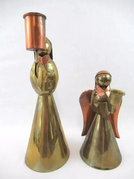 Lot of 2 Vintage Candle Holders Angels Brass Copper Taper Holiday