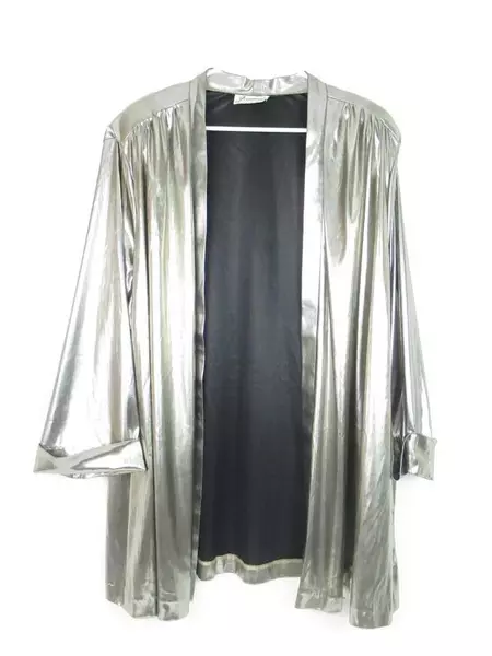 Vtg JOANNA Cardigan Jacket Gold Black Satin Open Front 3/4 Sleeve Women's XL