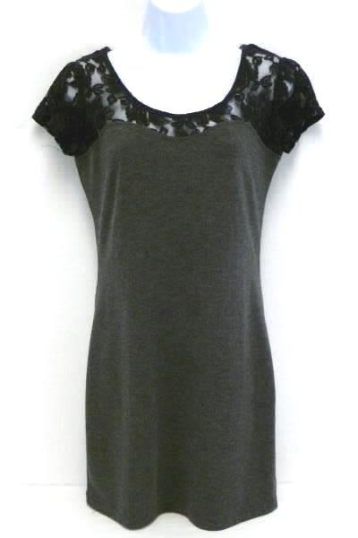Romy Gray Black Lace Short Sleeve Body Con Stretch Mini Dress Woman's M