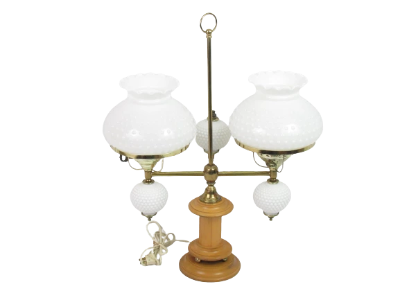 VTG.Brass And Hobnail Milk Glass Globe Double Arm Desk Table Lamp With Wood Base